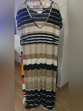 Olivia Matthews Striped V-Neck Maxi Dress in Black, Tan, Cream and White